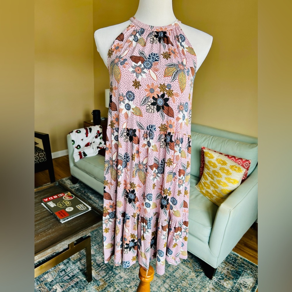 LOFT Floral Halter Dress Mauve Purple Tiered Skirt Size Medium